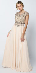 Juliet 657 Cap Sleeves Beaded Bodice A-line Long Dress