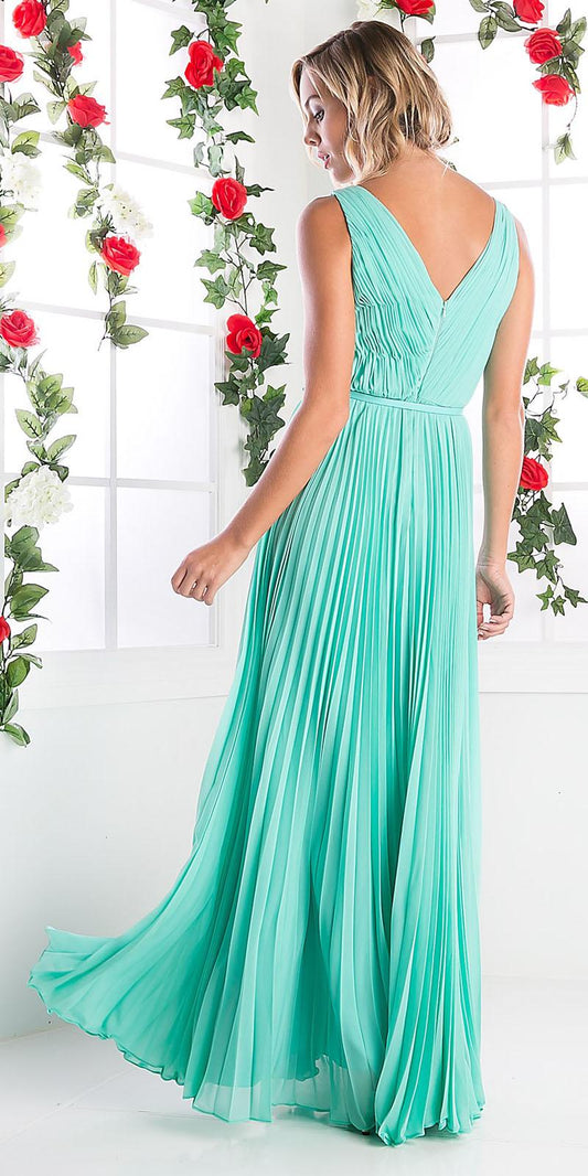 Cinderella Divine 1499 Long Chiffon Pleated Sleeveless Dress With Belt