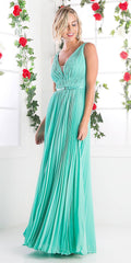 Cinderella Divine 1499 Long Chiffon Pleated Sleeveless Dress With Belt