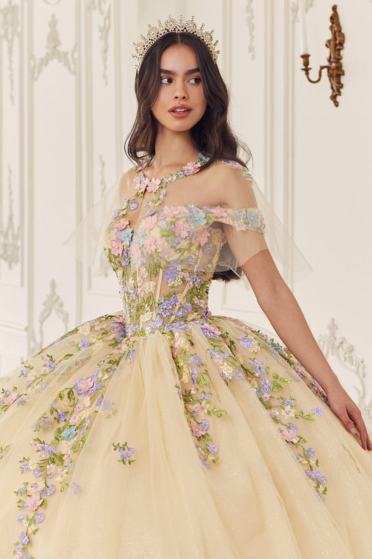 Ladivine 15724 Floral Lace Applique Quinceanera Gown Removable Capelet