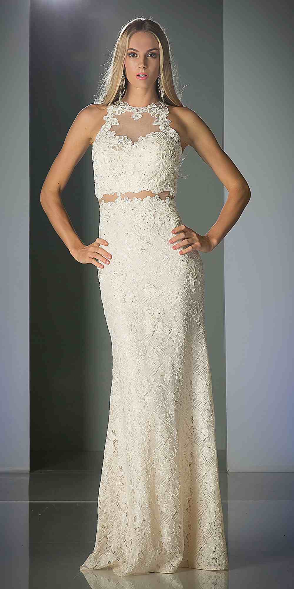 Cinderella Divine 1586 Halter Lace Appliques Mock Two-Piece Gown