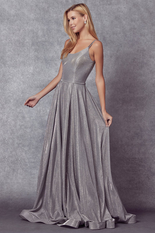 Juliet 206 Long A-Line Glitter Gown Side Pockets