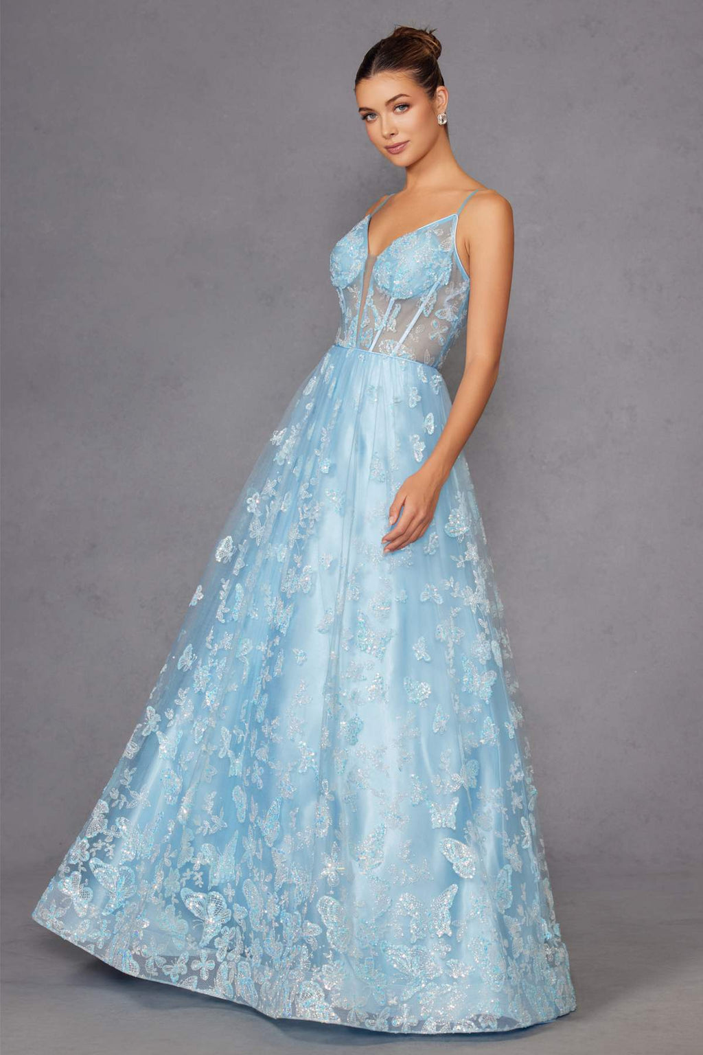 Juliet 2413 Long Butterfly Glitter Embroidered A-Line Gown with Corset Top