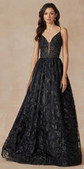 Juliet 2413 Long Butterfly Glitter Embroidered A-Line Gown with Corset Top