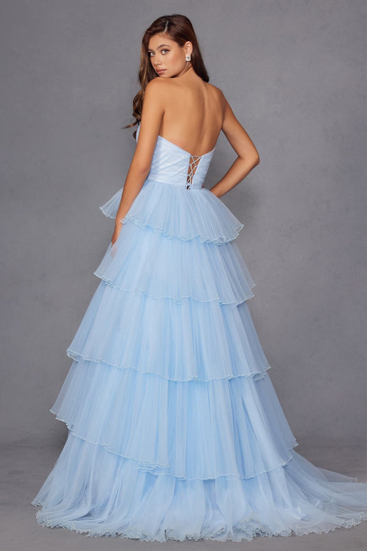 Juliet JT2452K Long Pleated Strapless Tiered Ruffle Tulle A-Line Gown