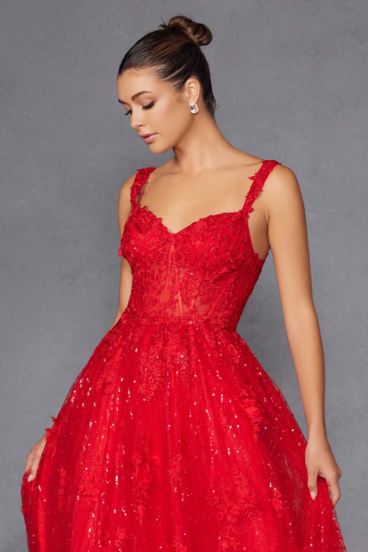 Juliet JT2495A Long A-Line Floral Lace Evening Gown