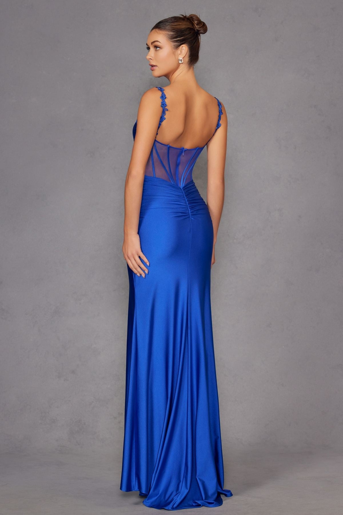 Juliet JT2518i Long Fitted Floral Strap Evening Gown Side Slit