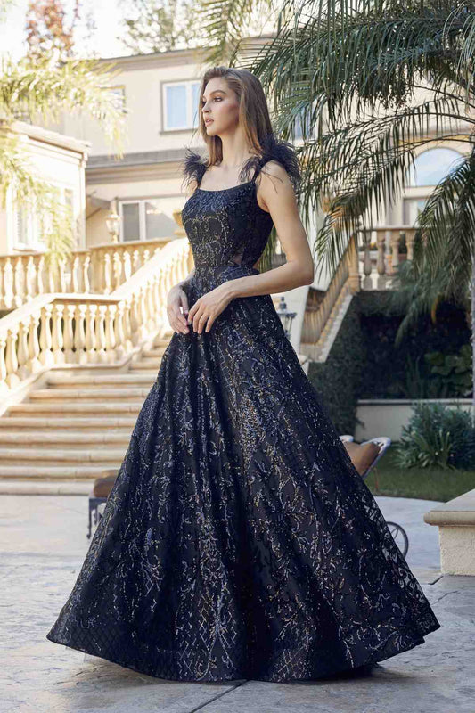 Juliet 297 Floor Length Feathered Cap Sleeve Patterned Sequin A-Line Gown