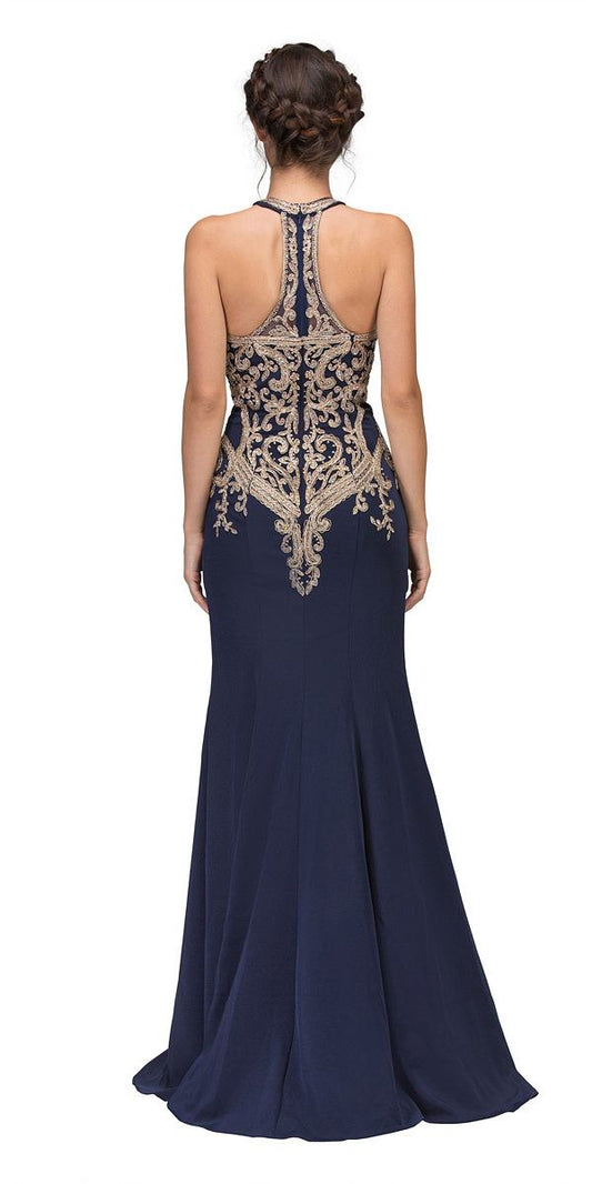 CLEARANCE - Eureka 7033 Embroidered Halter Mermaid Long Dress Racer Back (Size Small)