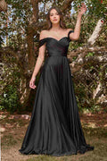 Cinderella Divine 7493C Long Plus Size A-Line Off the Shoulder Satin Dress