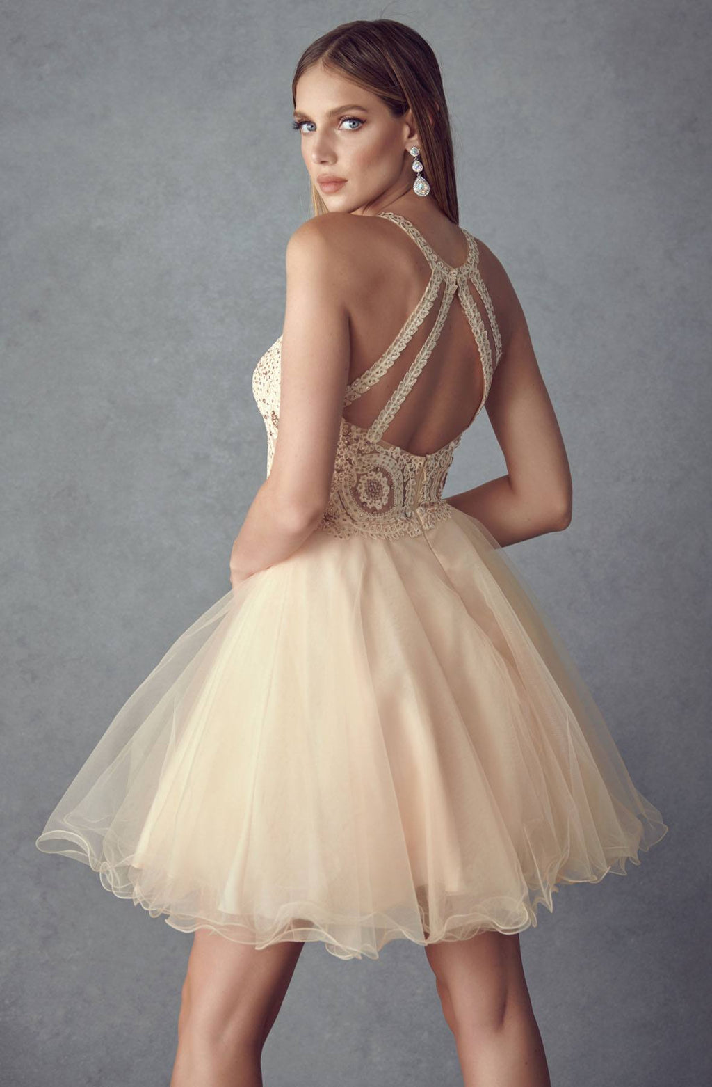 Juliet 826 Fit-and-Flare Halter Neck Short Party Dress
