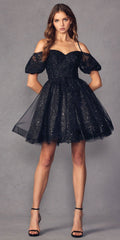 Juliet 886 Short Removable Off Shoulder Puff Sleeves A-Line Tulle Dress