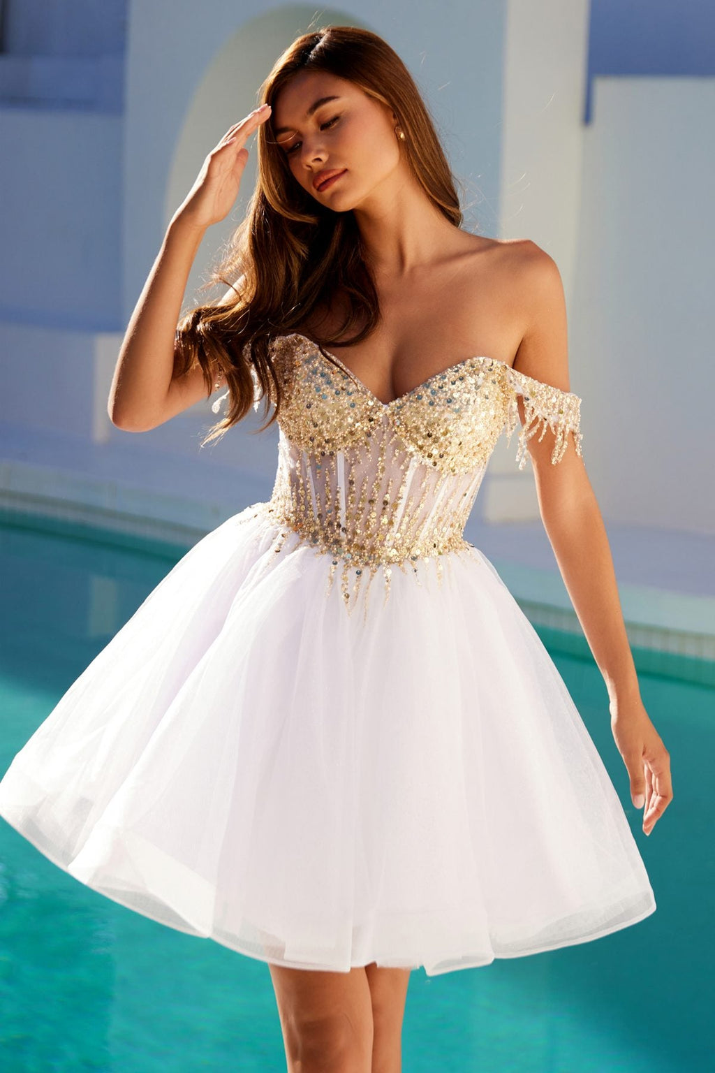 Juliet JT947L Short Off the Shoulder Homecoming A-Line Dress