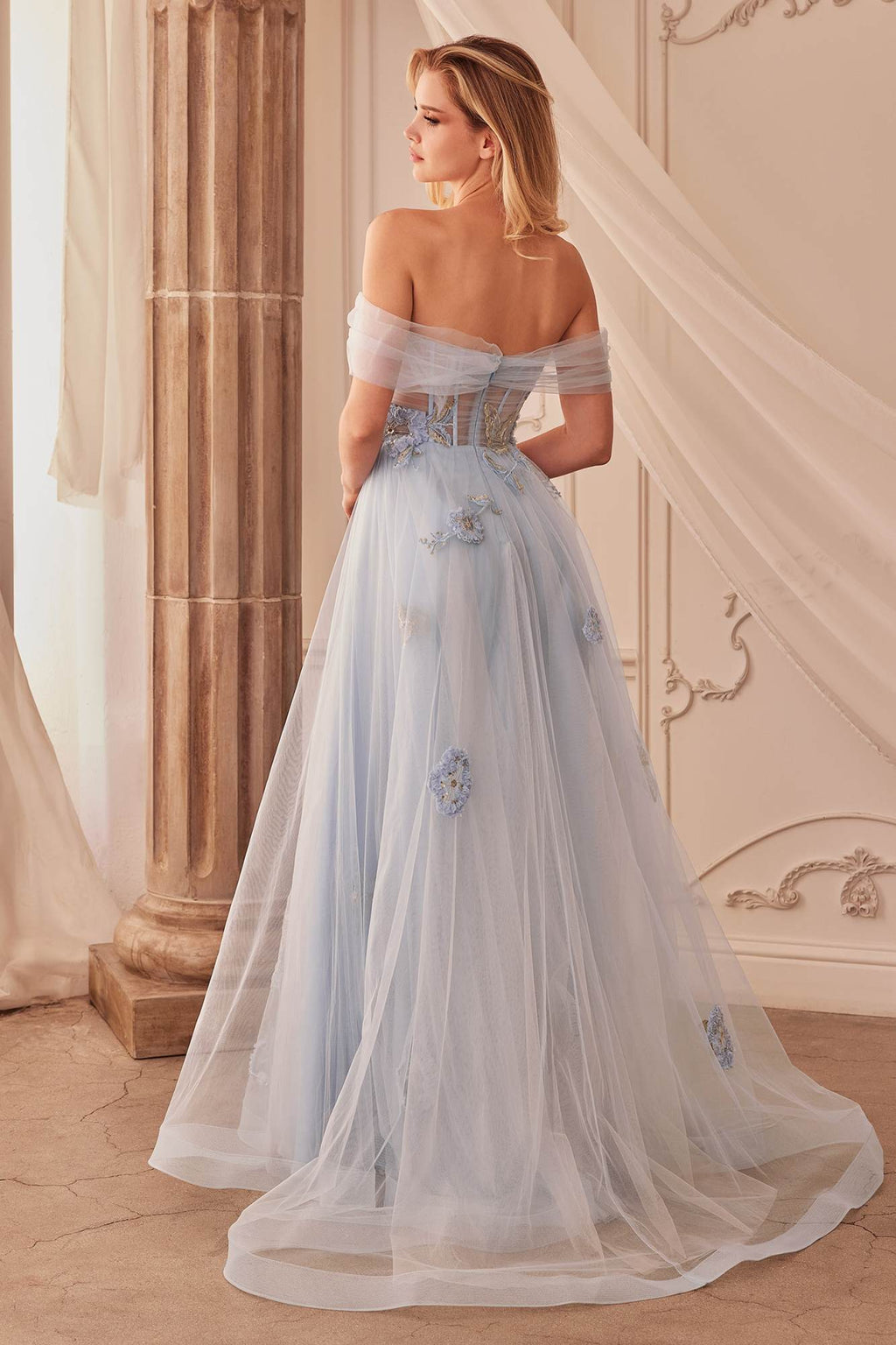 Andrea & Leo A1246 Long Off the Shoulder Floral Applique Tulle Ball Gown