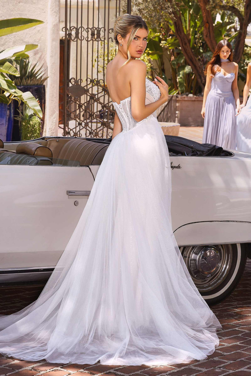 Ladivine CC492W Beaded Detachable Tulle Overskirt Fitted Off White Gown