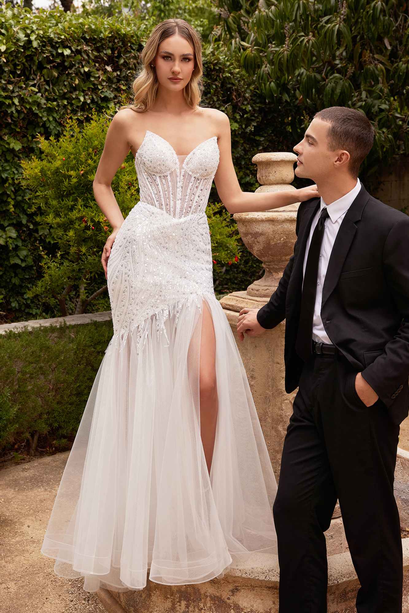 Ladivine CD0215W Long Strapless Pointed Bust Beaded Mermaid Gown