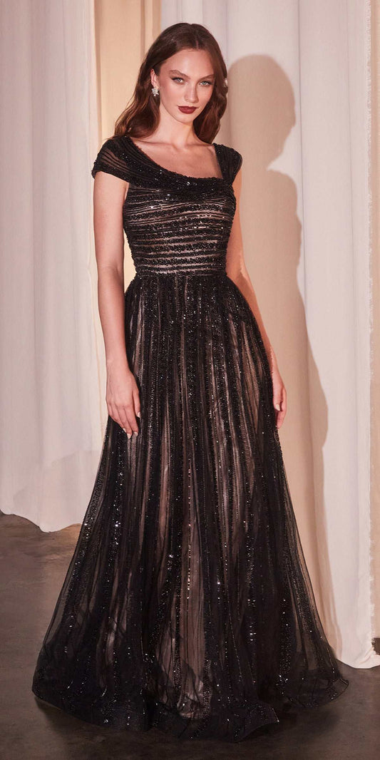 CLEARANCE - Ladivine CD0238 Off The Shoulder A-Line Beaded Black/Nude Gown (Size 10)
