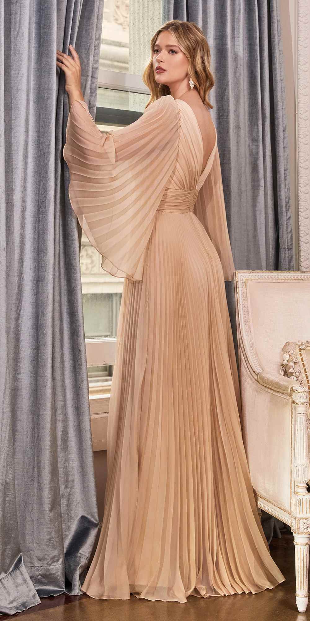 Cinderella Divine CD242 Pleated Chiffon Long Sleeve Gown