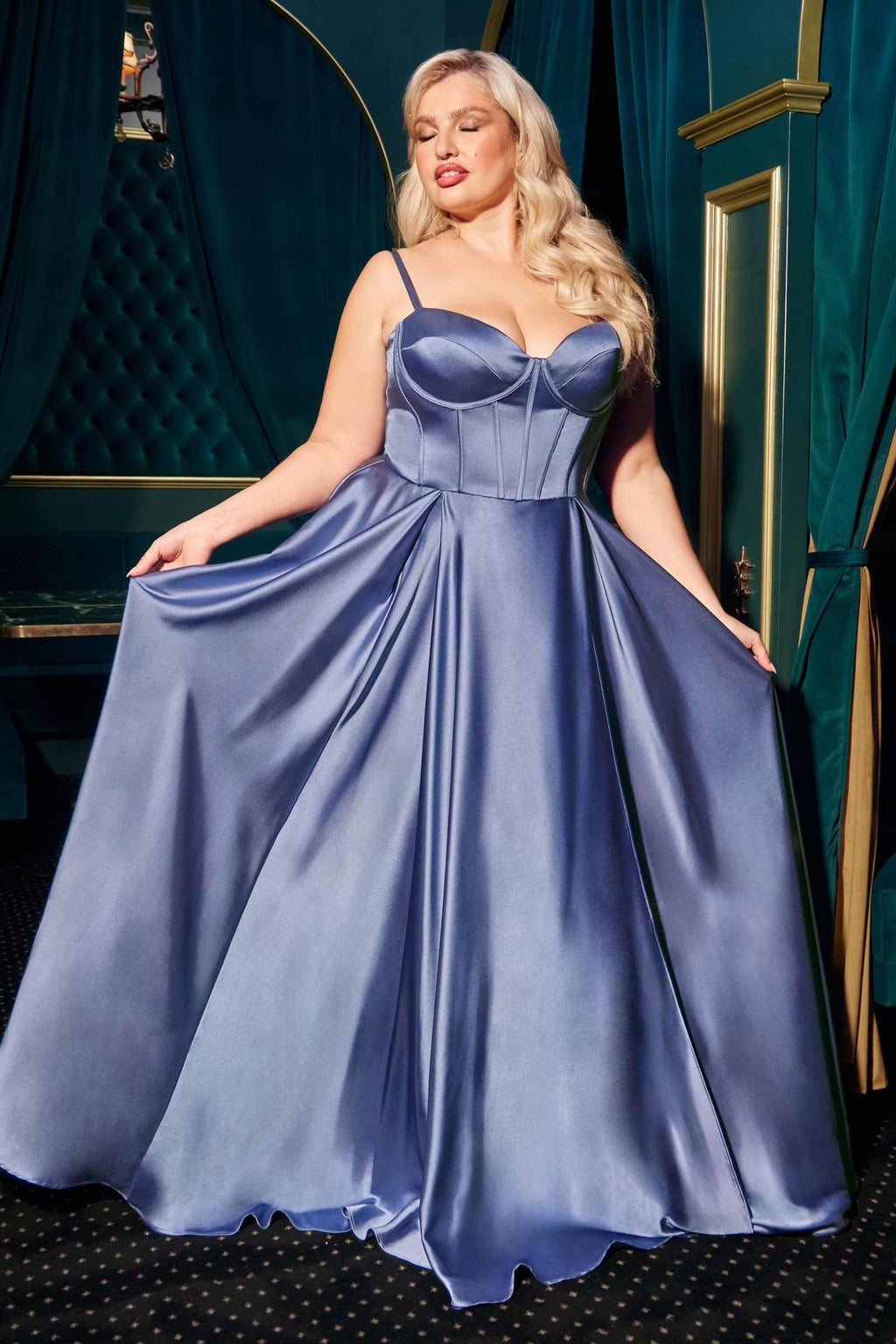 Ladivine CD337C Long A-Line Slit Satin Bustier Prom Dress