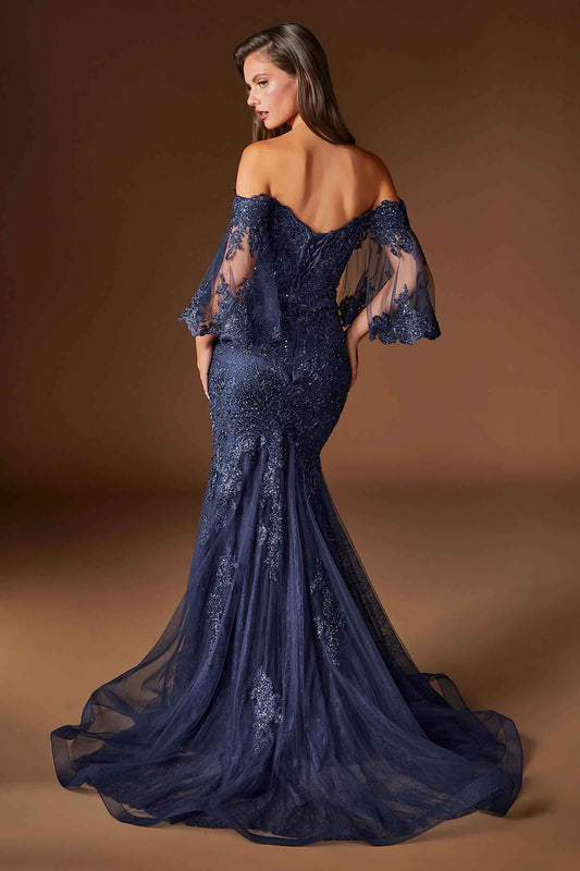 Ladivine CD659 Off the Shoulder Bell Sleeves Fitted Mermaid Gown