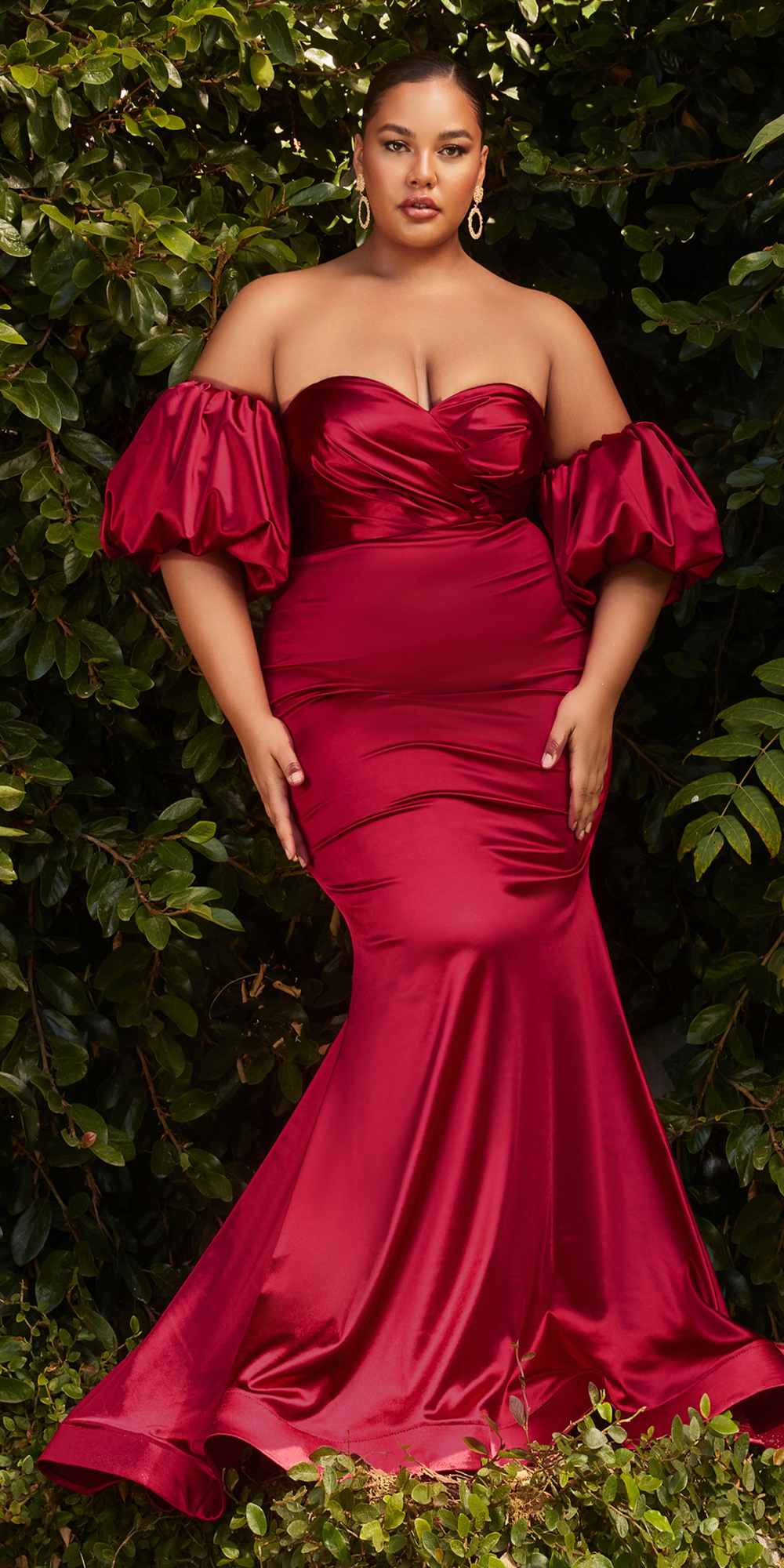 Cinderella Divine CD983 Long Fitted Satin Gown with Puff Sleeve