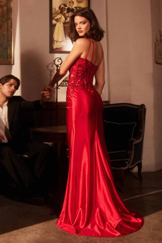 Ladivine CDS535 One Shoulder Satin Dress With Lace Applique