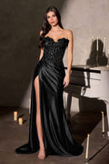 Ladivine CDS567 Strapless Sleek Satin Skirt Leg Slit Floral Beaded Gown