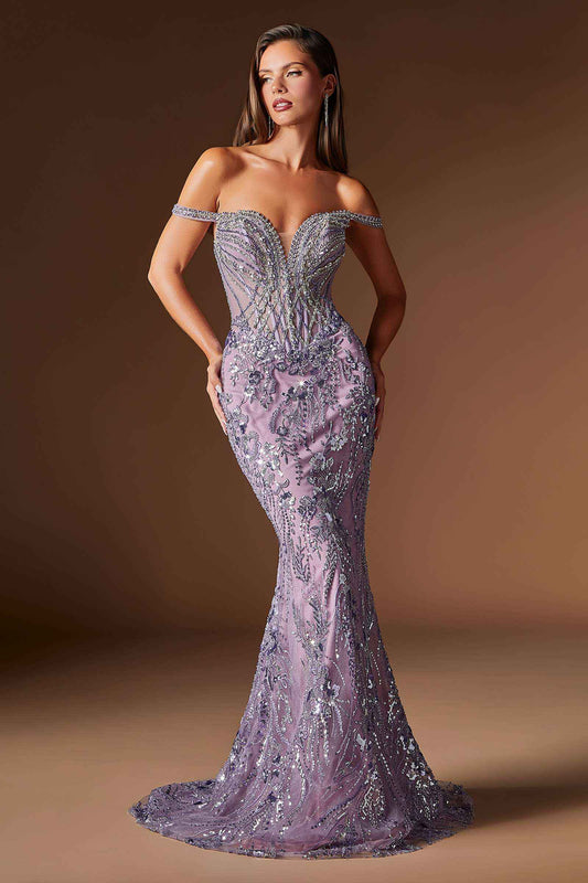Ladivine CDS570 Fitted Formal Off Shoulder Gown with Detachable Skirt