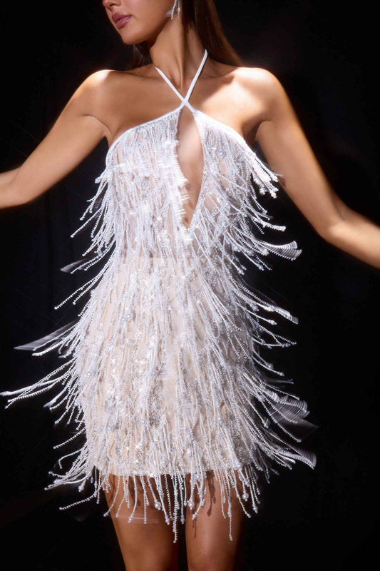 Ladivine CDS574 Fringe Beadwork Halter Fitted Mini Dress