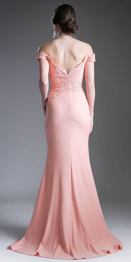 Cinderella Divine CF158 Off Shoulder Floor Length Evening Gown Applique Bodice