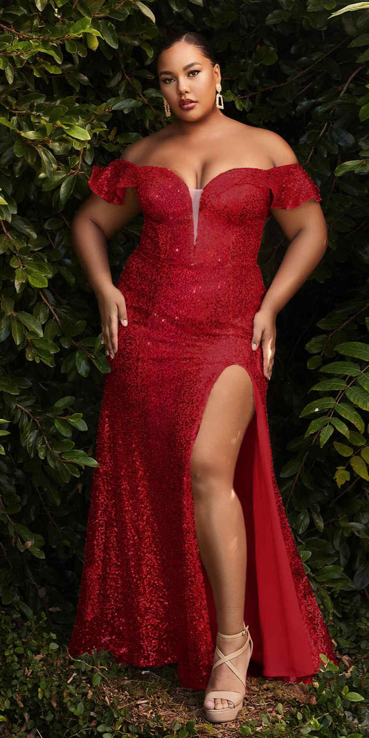 Cinderella Divine CH167C Long Off the Shoulder Sequins Dress with Slit