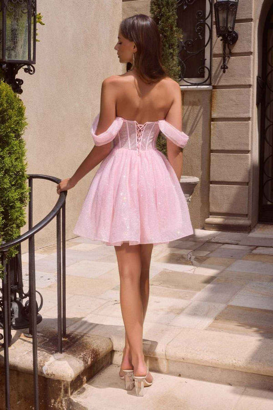 Ladivine CJ420 Off-Shoulder Glitter Tulle Short Dress with Corset Back