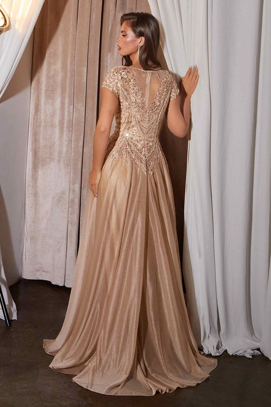 Ladivine CL11 Gold Beaded Cap Sleeve A-Line Formal Dress