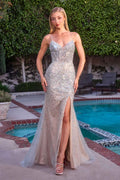 Ladivine CZ2408 Fitted Evening Gown Sweetheart Neck Leg Slit