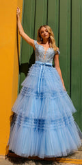 Nox Anabel E1293 Long Off the Shoulder Sweetheart Ruffled Tiered Tulle Gown