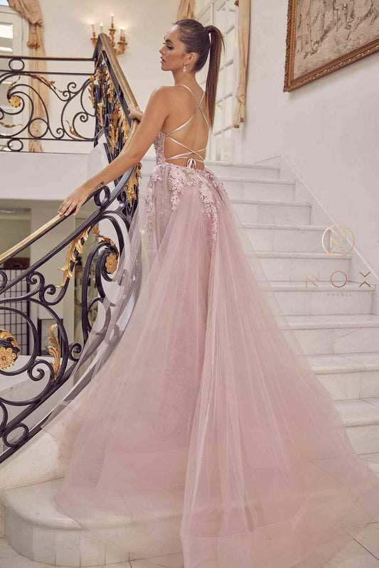 Nox Anabel F485 Lace and Beads Mermaid Gown Chiffon Overskirt