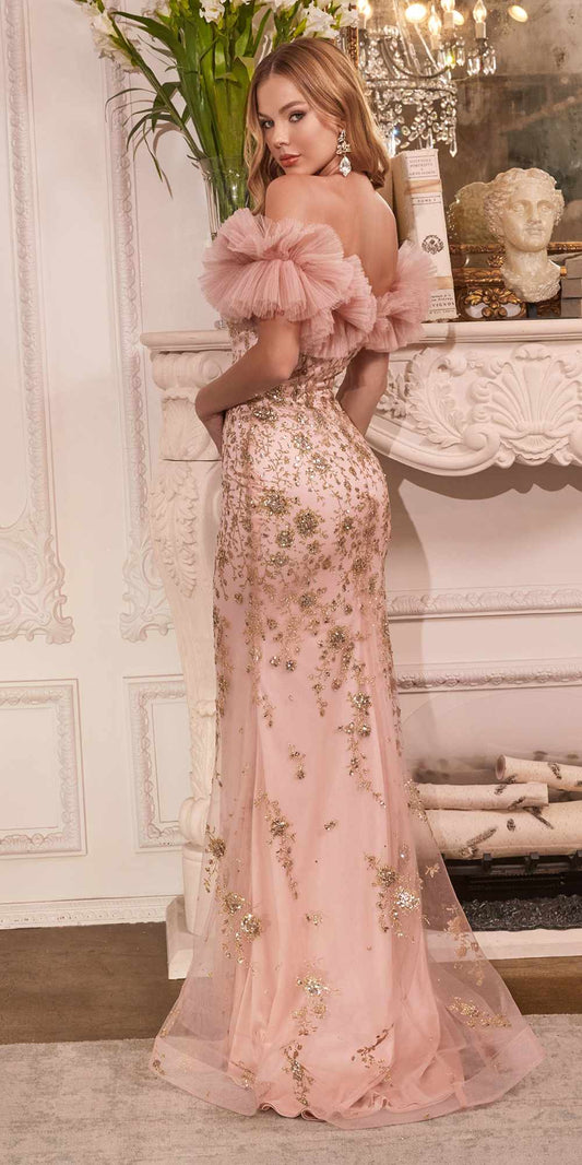 Cinderella Divine J818 Gathered Tulle Off the Shoulder Fitted Gown