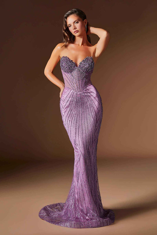 CLEARANCE - Ladivine J903 Crystal Sheer Corset Bodice Fitted Gold Gown (Size 6)