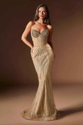 CLEARANCE - Ladivine J903 Crystal Sheer Corset Bodice Fitted Gold Gown (Size 6)