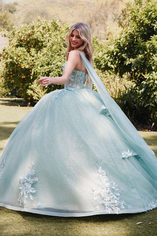 Juliet JT1466H Dress 3D Multi Floral Applique Cape Sleeve Quinceanera Gown