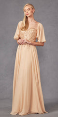Juliet JTM14F Long A-Line Flutter Mid-Length Sleeve Evening Gown