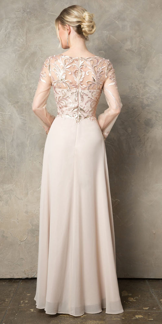 CLEARANCE - Juno 960 Long A-Line Mother of the Bride Chiffon Long Sleeve Dress (Size XL)