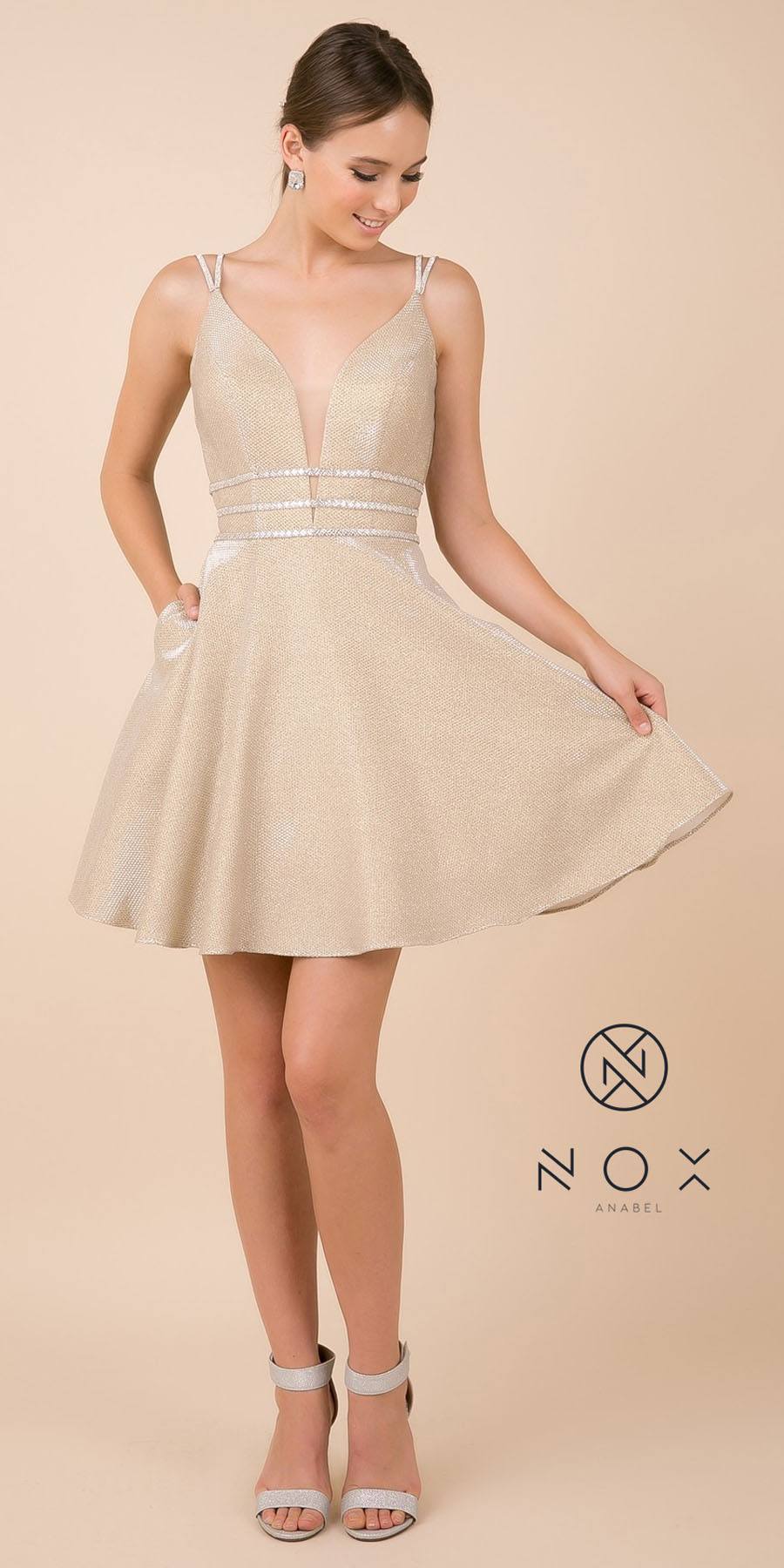 CLEARANCE - Nox Anabel M684 Short Gold Shimmering A-Line Dress (Size XS)