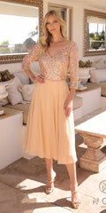 Nox Anabel MF104 Tea Length Sequin Bodice Short 3/4 Sleeve Dress