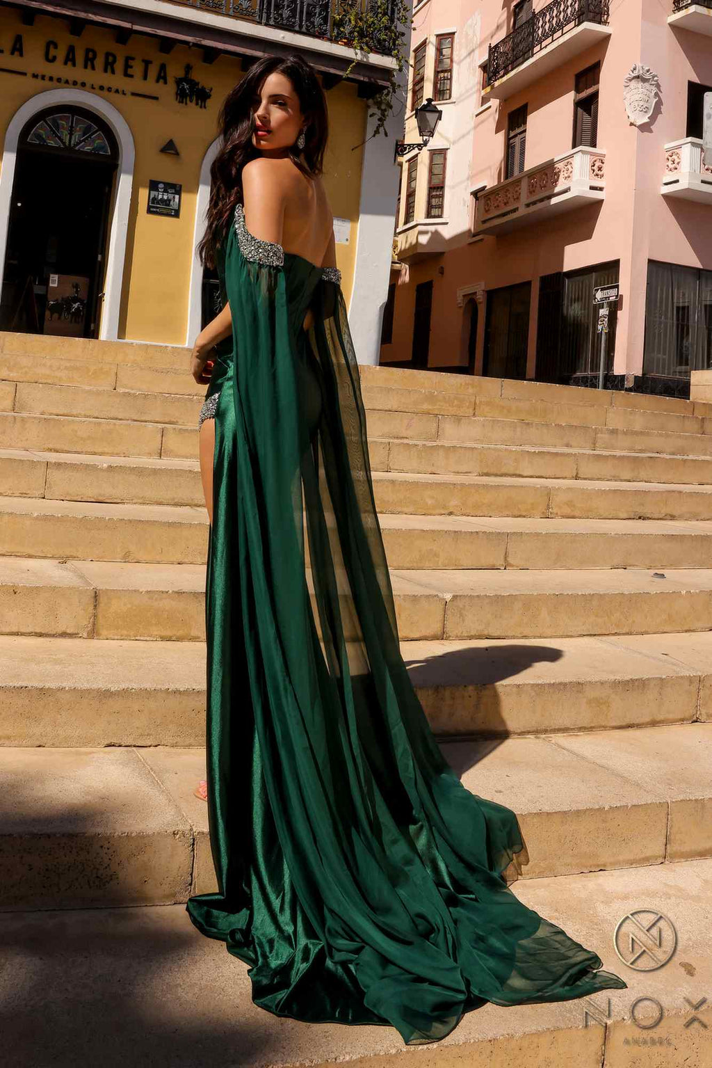 Nox Anabel R1312 Long Chiffon Cape Sleeve Fitted Satin Formal Gown
