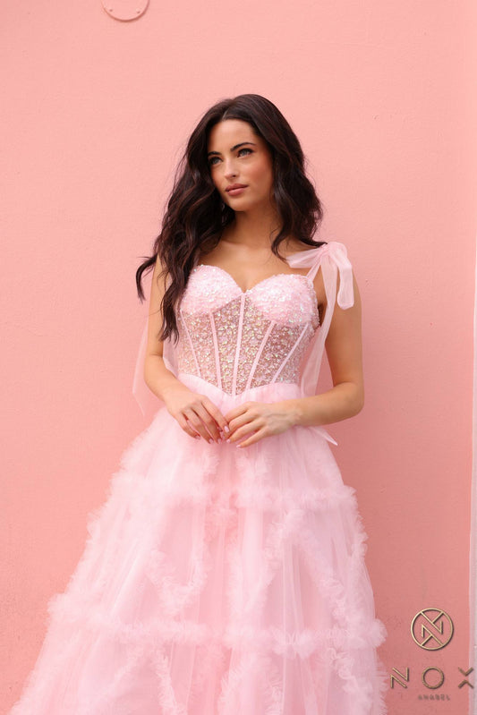 Nox Anabel T1340 Long Ruffled Skirt Boned Bustier Ribbon Strap A-Line Gown