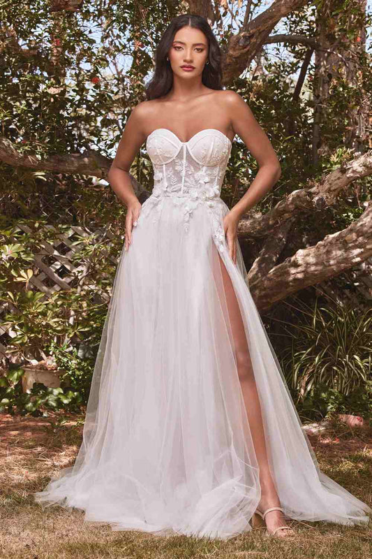 Cinderella Divine CB080W Long Strapless Tulle Floral Ball Gown