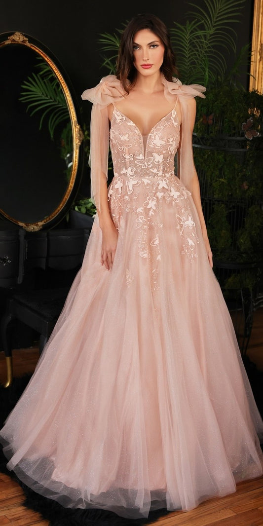 Ladivine CB097 Long A-Line Tulle Gown with Floral Detail