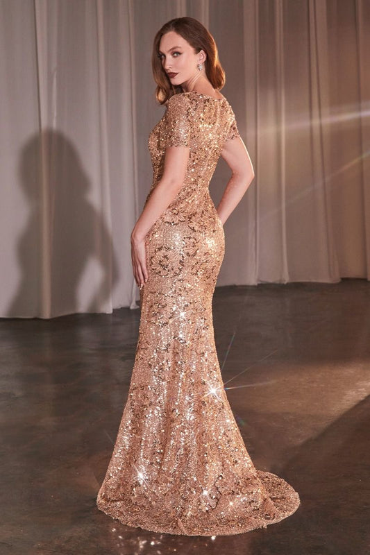 Ladivine CC3700 Rose Gold Floral Motif Sequin Fit and Flare Dress