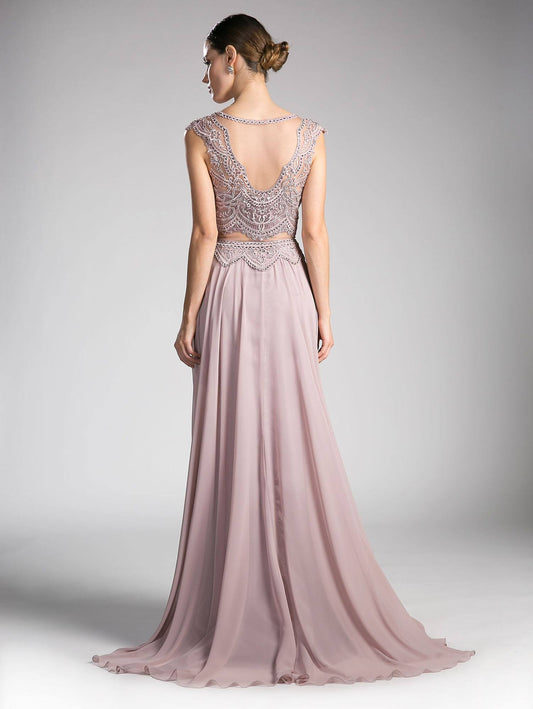 Cinderella Divine CD0113 Illusion Beaded Formal Gown Cap Sleeves